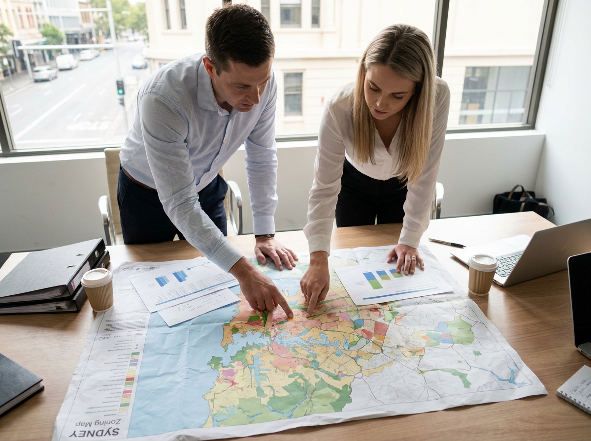 Property analysts collaborating over Sydney metropolitan zoning maps