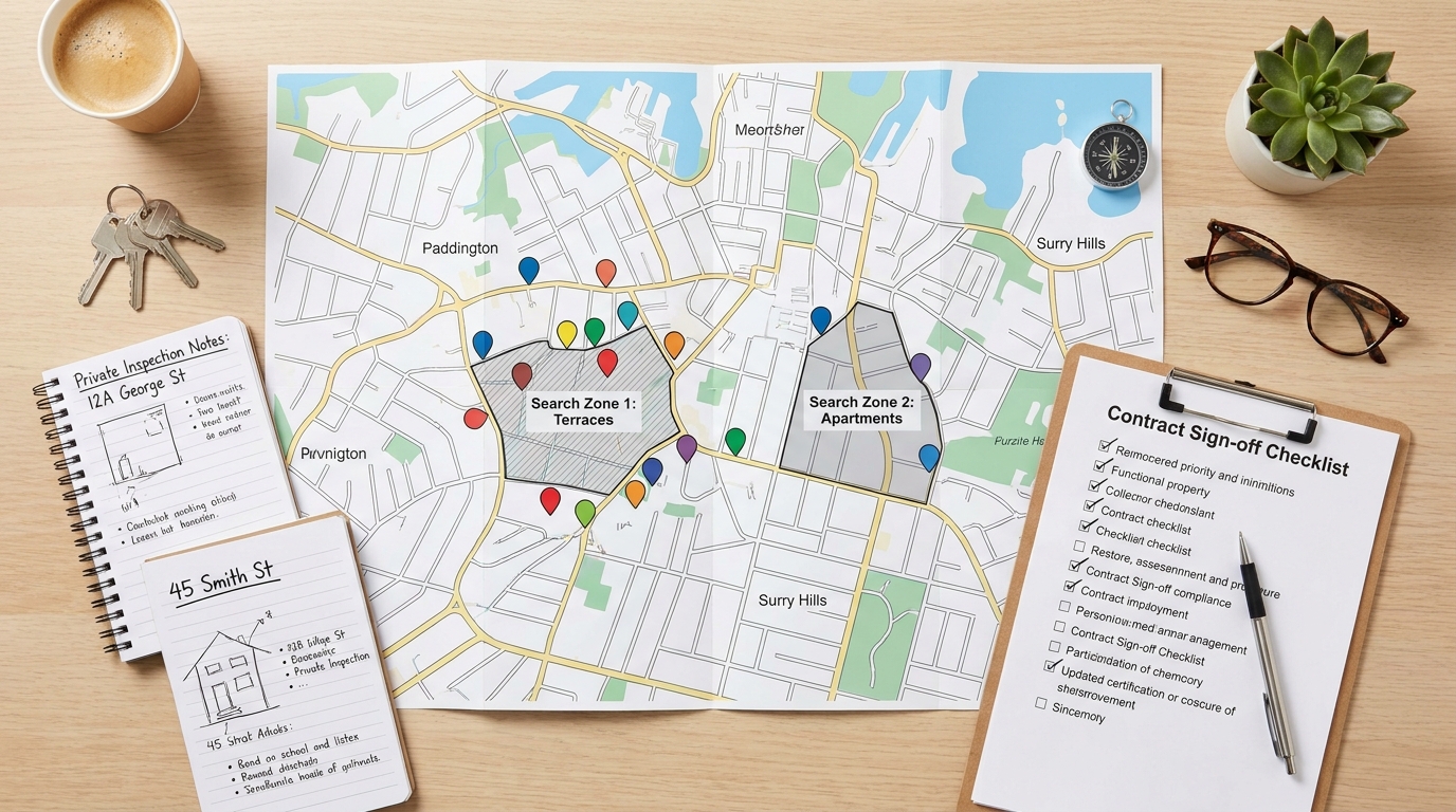Buyers agent conducting thorough property search and negotiation walkthrough