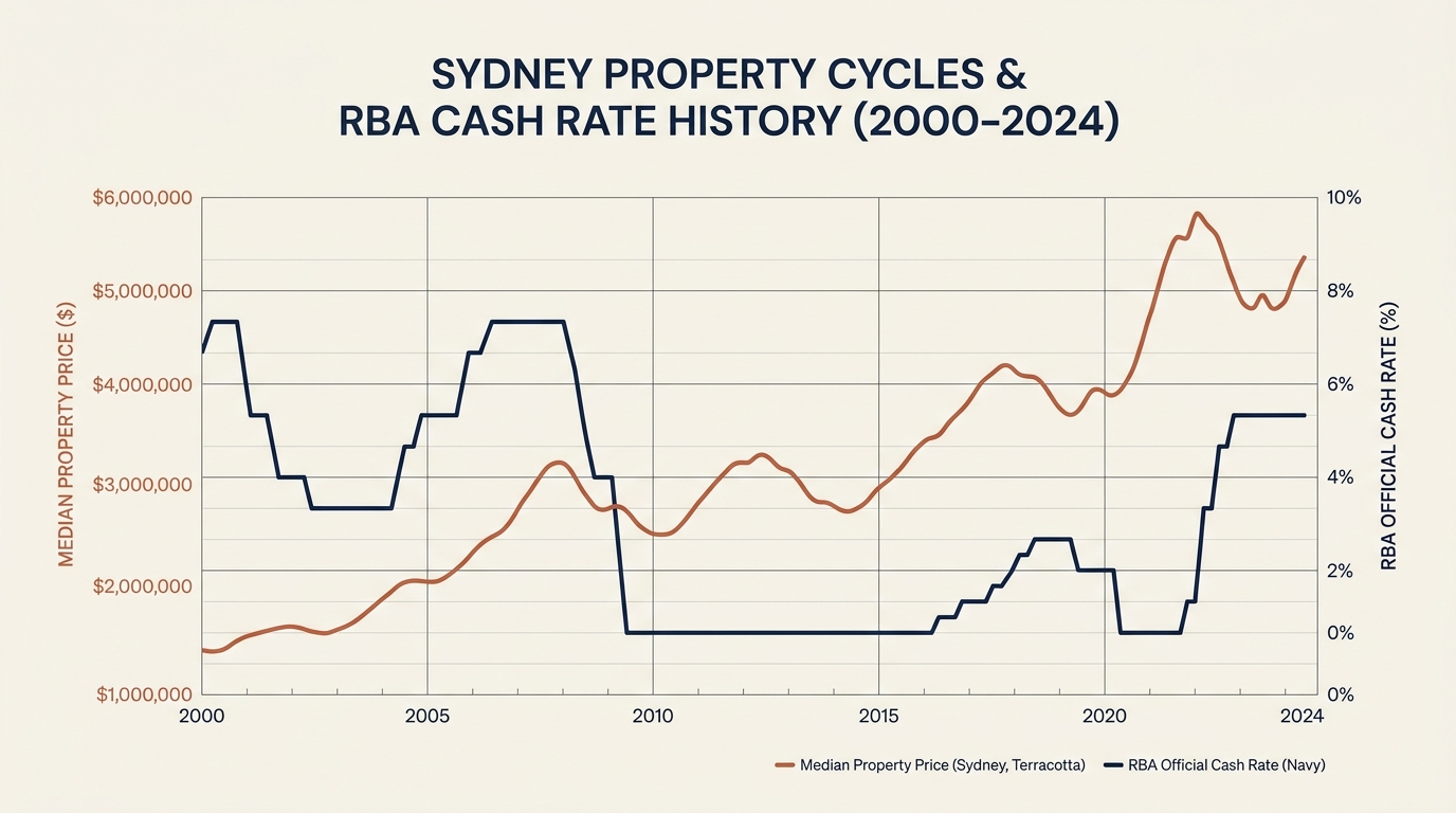 Data visualization showing Sydney property price cycles and RBA cash rates