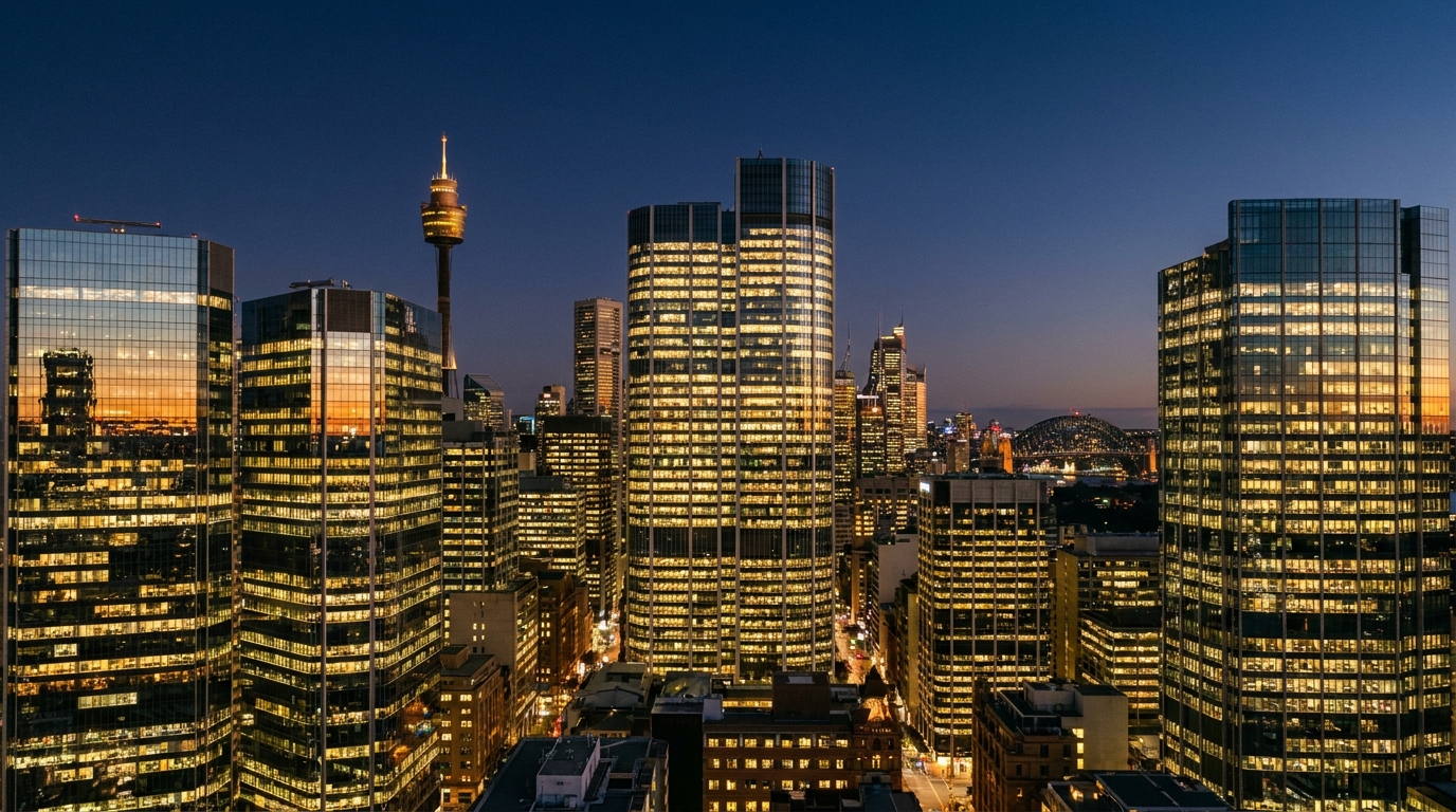 Panoramic skyline of Sydney CBD and Martin Place commercial towers at twilight