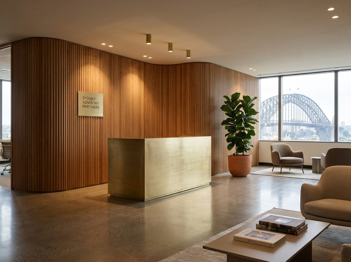 Modern Sydney advisory office reception area with fluted timber paneling