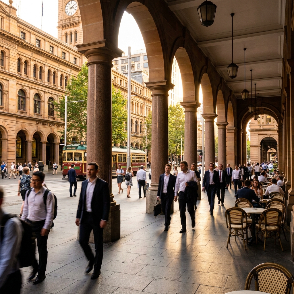 Street level photograph of pedestrian plaza in Martin Place Sydney