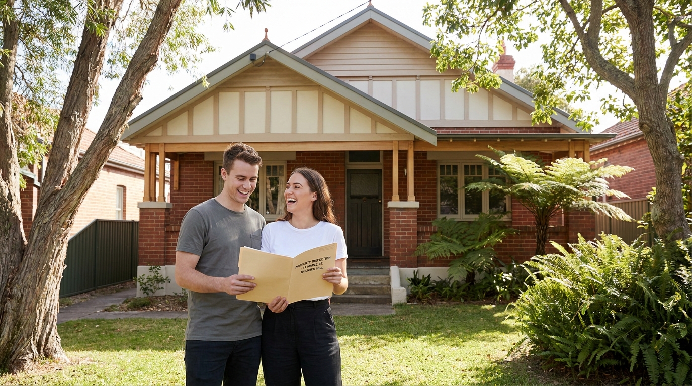 Young Australian couple smiling outside newly purchased Sydney home after auction