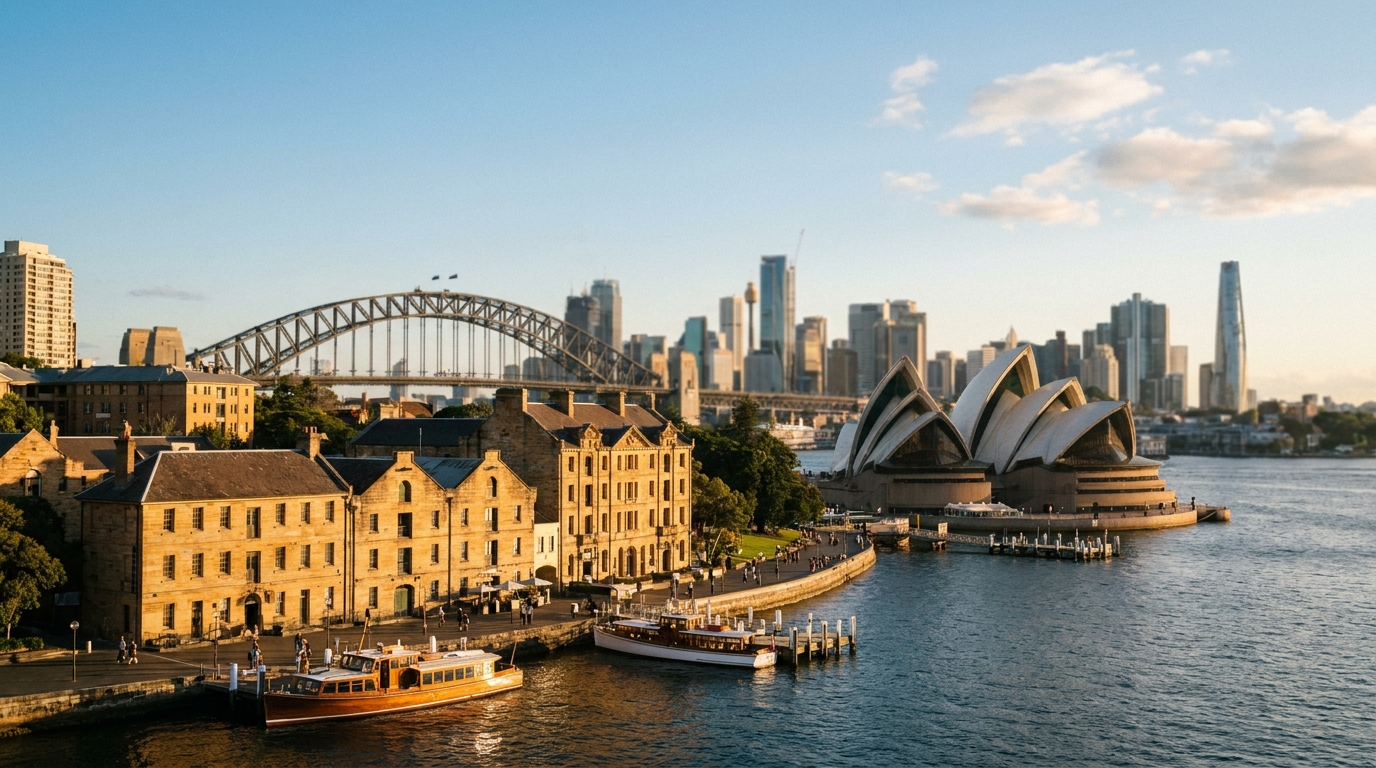 Sydney Harbour foreshore architectural perspective at golden hour