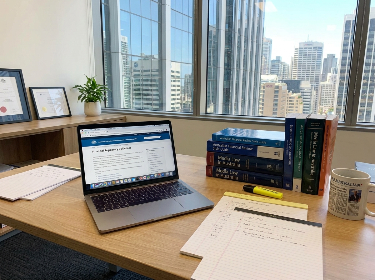 Australian editorial desk with legal pads and financial regulatory guides