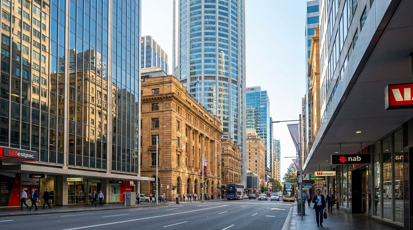 Panoramic street view of Sydney financial hub on Castlereagh Street
